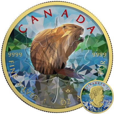 Canada BEAVER Canadian Maple Leaf series THEMATIC DESIGN $5 Silver Coin 2017 Yellow Gold plated 1 oz